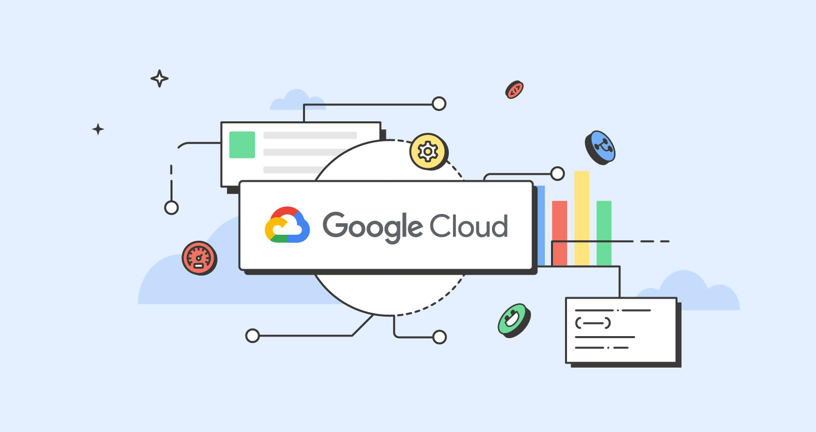 Google Cloud box sitting ontop of others. illustration.