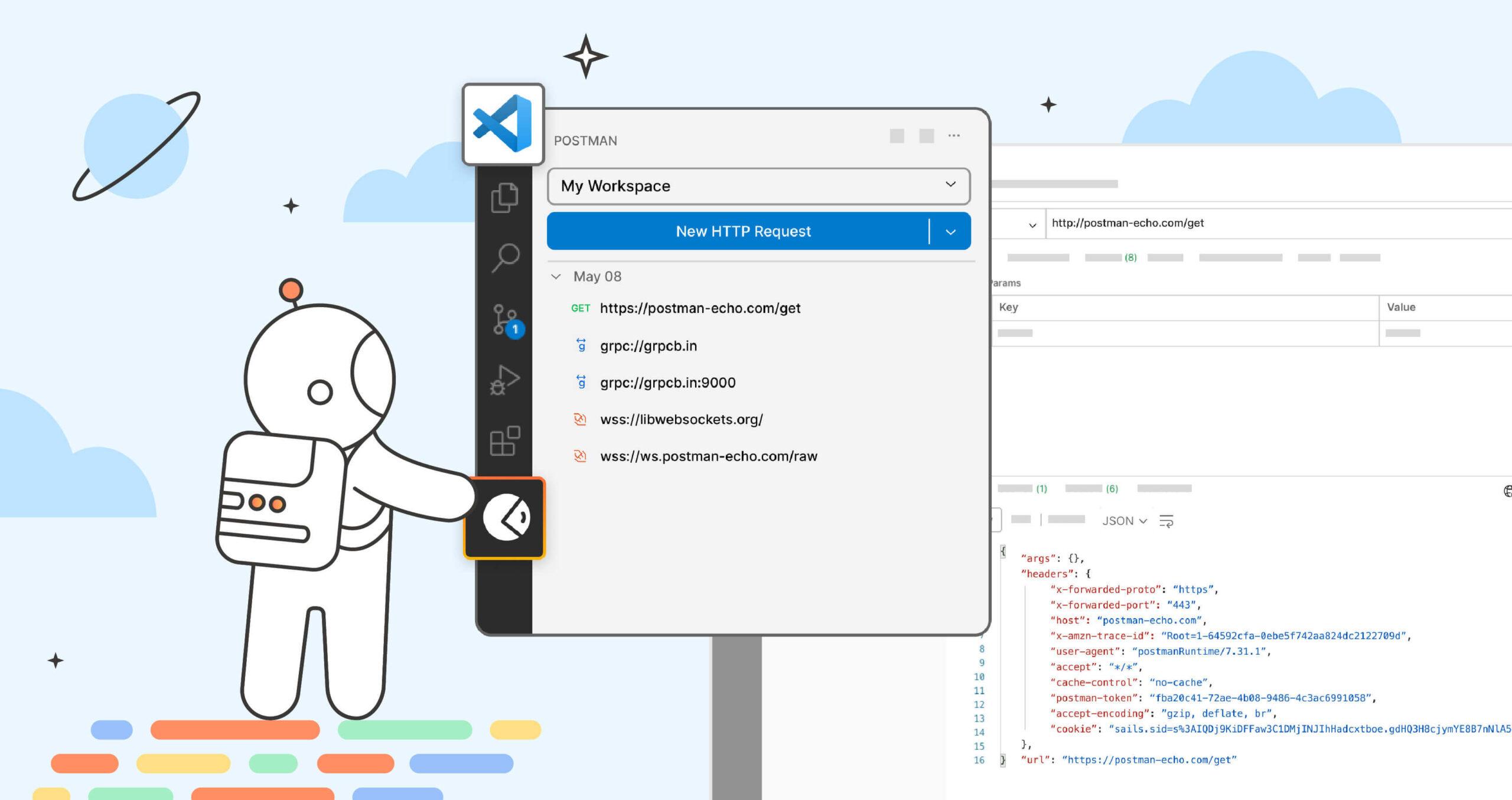 Postmanaut hovering in front of a screenshot of VS Code extension. illustration.