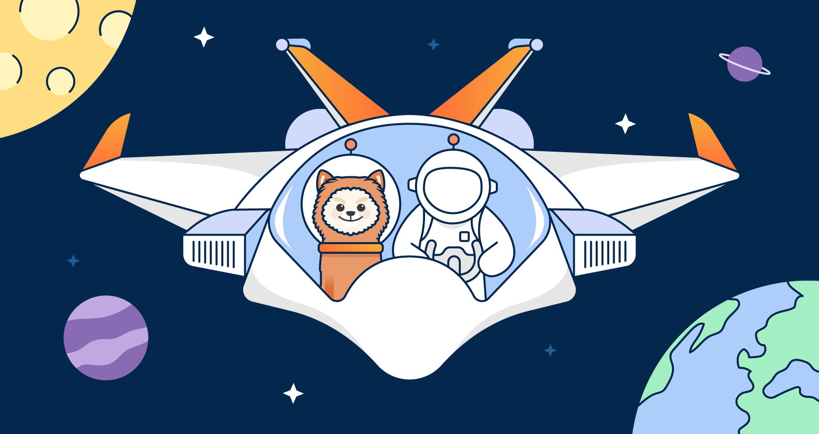 Postmanaut flying with Akita mascot. illustration.